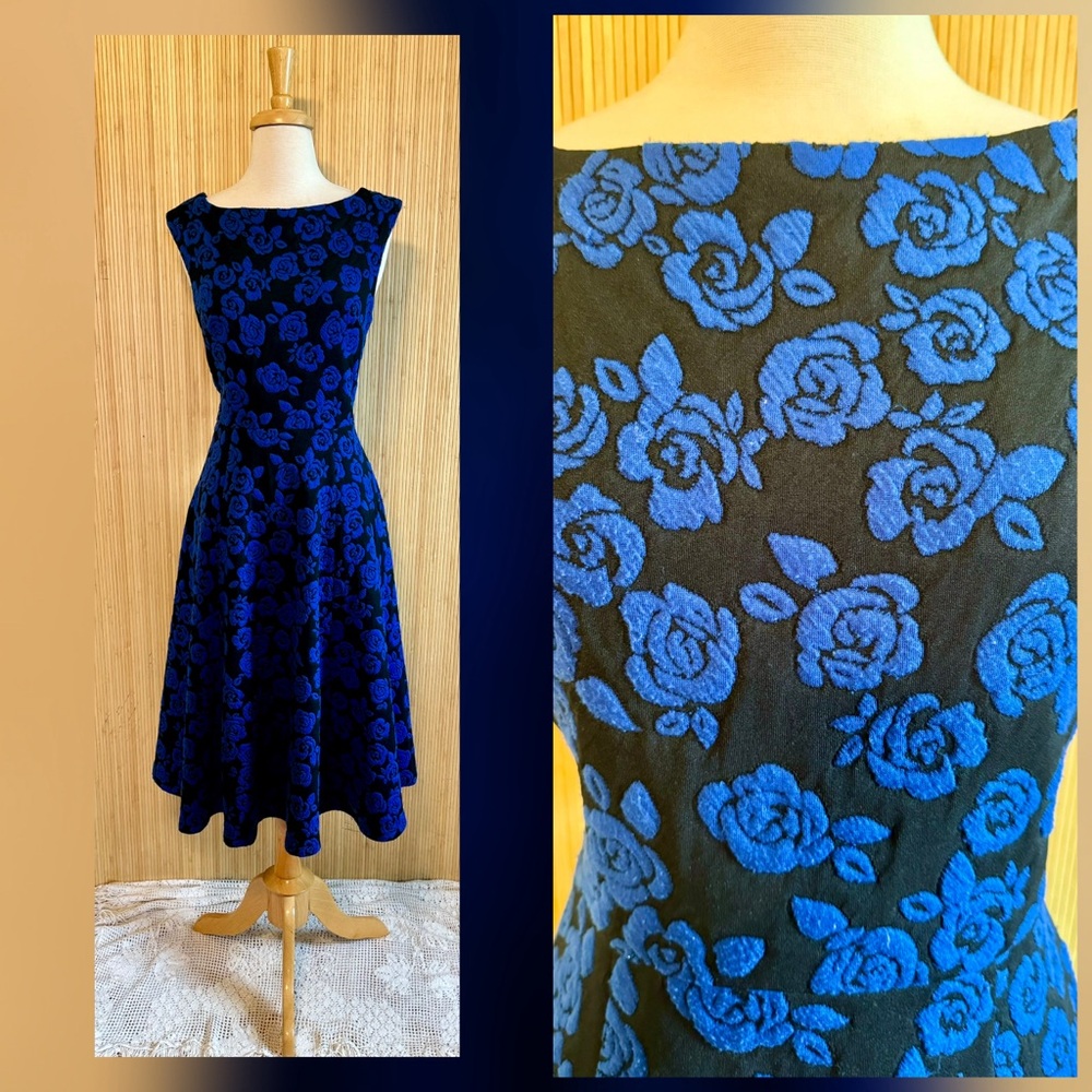 Betsey Johnson Fit & Flare Black/Blue Rose Brocade Midi Dress